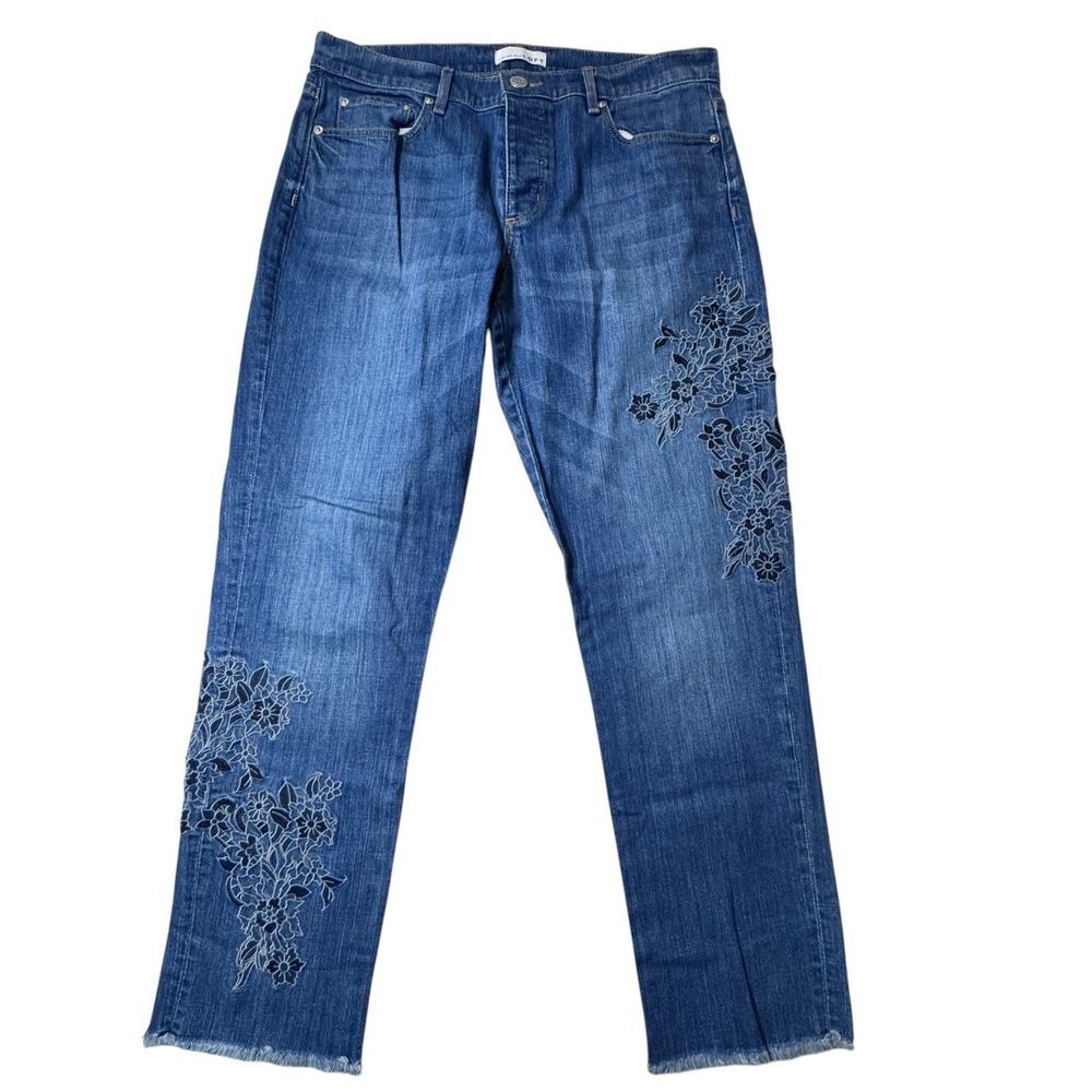 Loft Floral Embroidered Jeans Womens 29 8 Blue Straight Leg Raw Hem Boho Casual - Picture 2 of 15